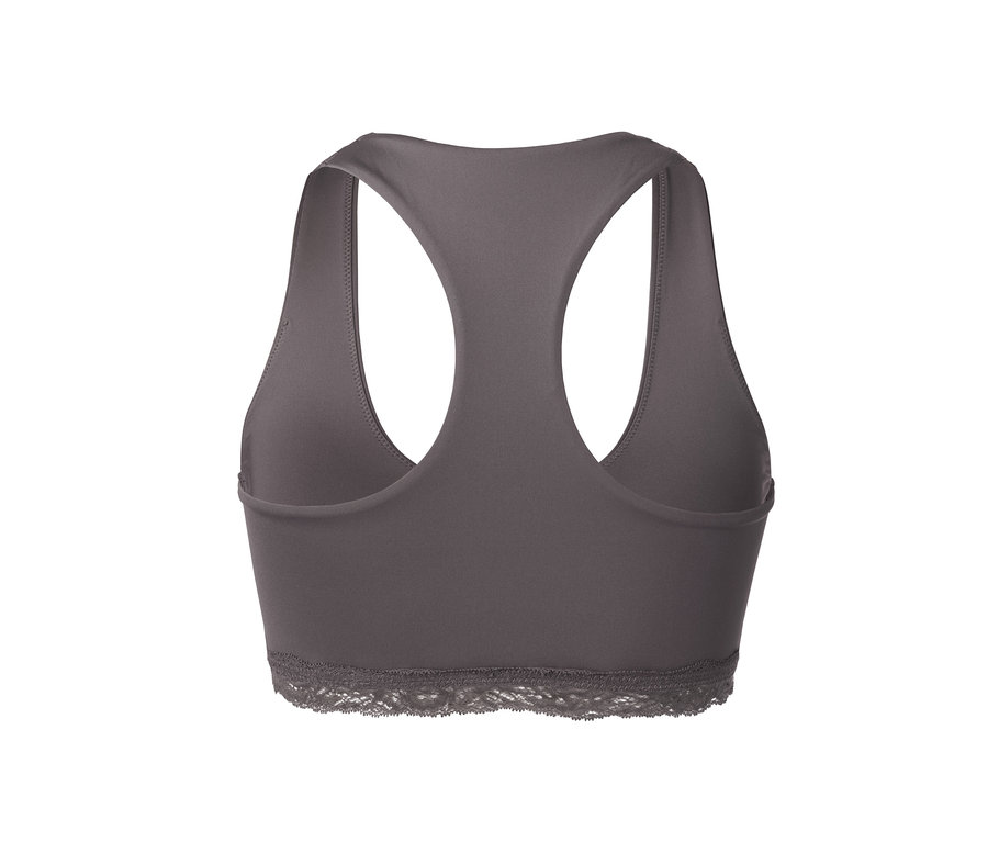 Rückansicht eines grauen Bustiers mit Spitzenbesatz.