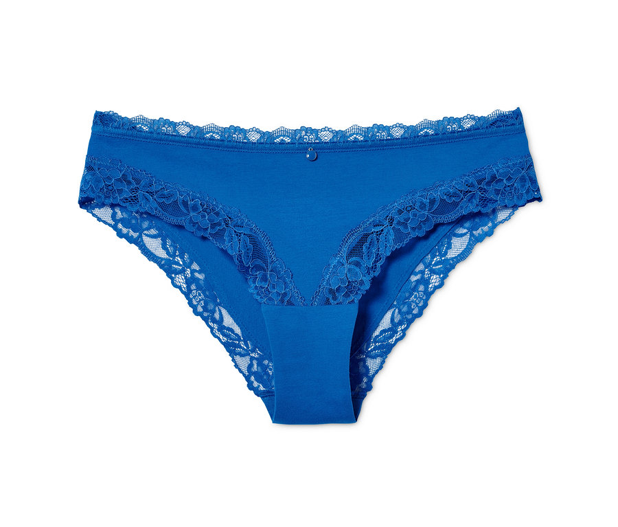 Ein einzelner blauer Brazilslip mit Spitze.