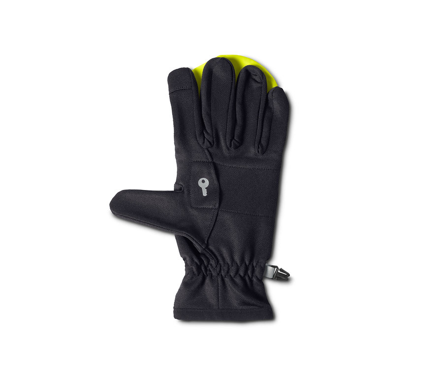 Ein schwarzer 2-in-1-Laufhandschuh mit gelbem Futter.