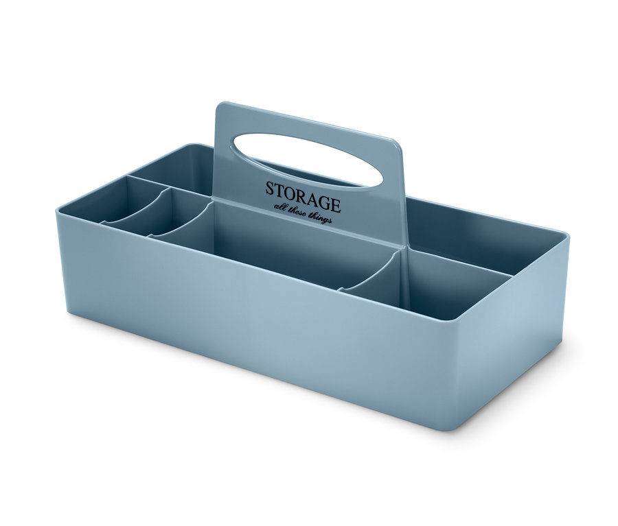 Eine blaue Toolbox mit Fächern und Griff.