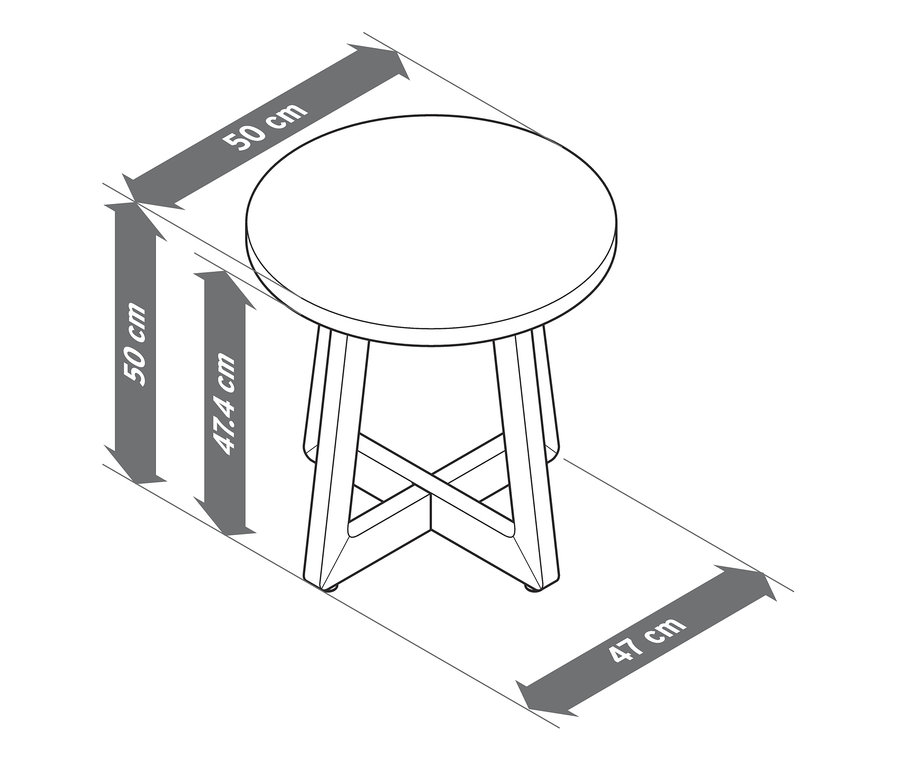 Skizze eines runden Beistelltisches mit Beton-Tischplatte und Größenangaben.
