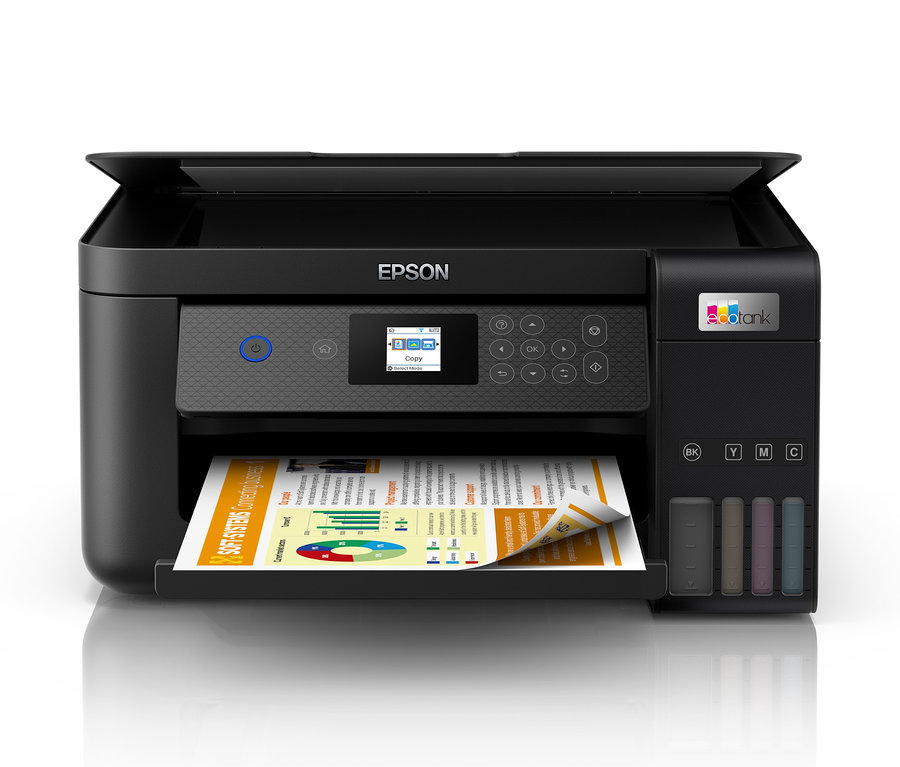 Ein schwarzer Epson EcoTank ET-2850 Multifunktionsdrucker mit einem bedruckten Dokument im Einzug.