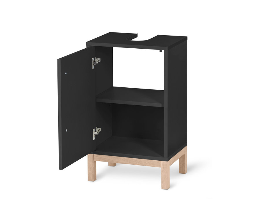 Kleiner, anthrazitfarbener Waschbeckenunterschank »Eklund« mit offener Tür.