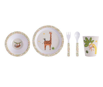 Kinder-Geschirrset »Jungle«: Teller, Schüssel, Becher, Gabel und Löffel.