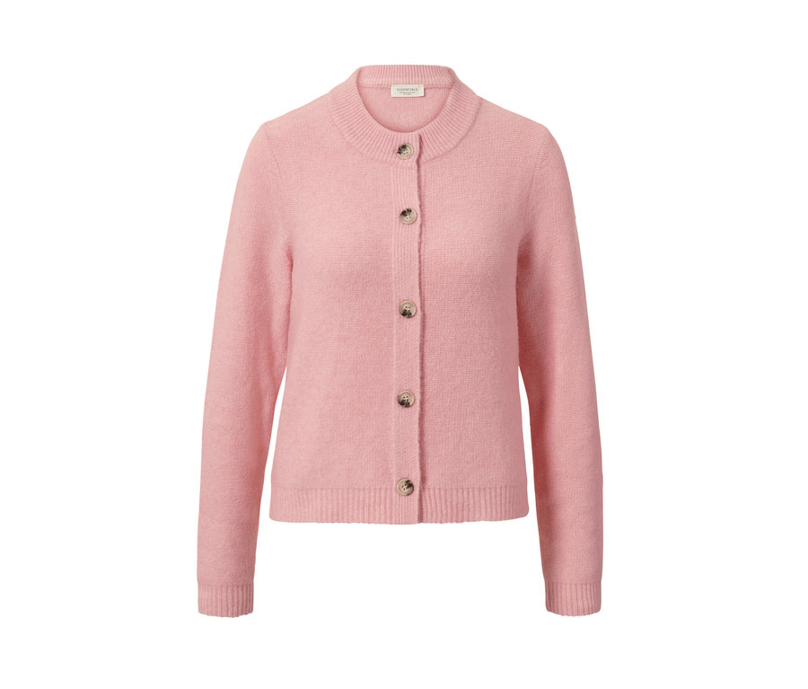 Rosa Strickcardigan mit Wolle und Knöpfen.