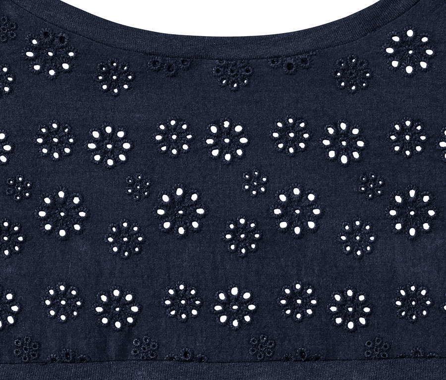 Detail eines marineblauen Jerseykleids mit Lochstickerei.