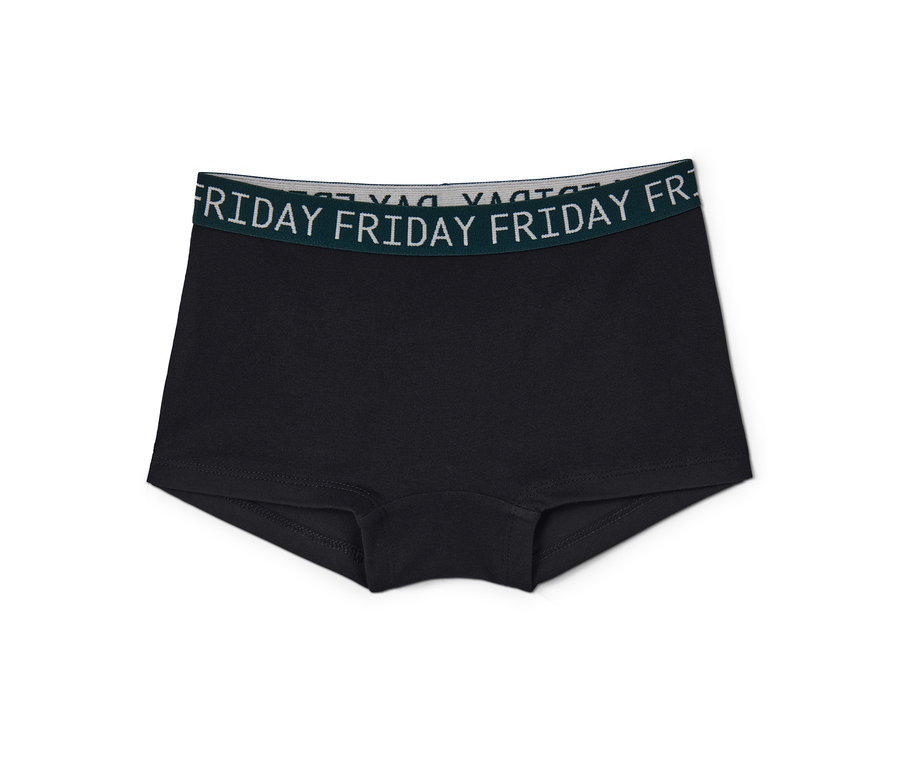 Eine einzelne schwarze 7 Mädchen-Pantys mit grünem Bund und dem Aufdruck FRIDAY.