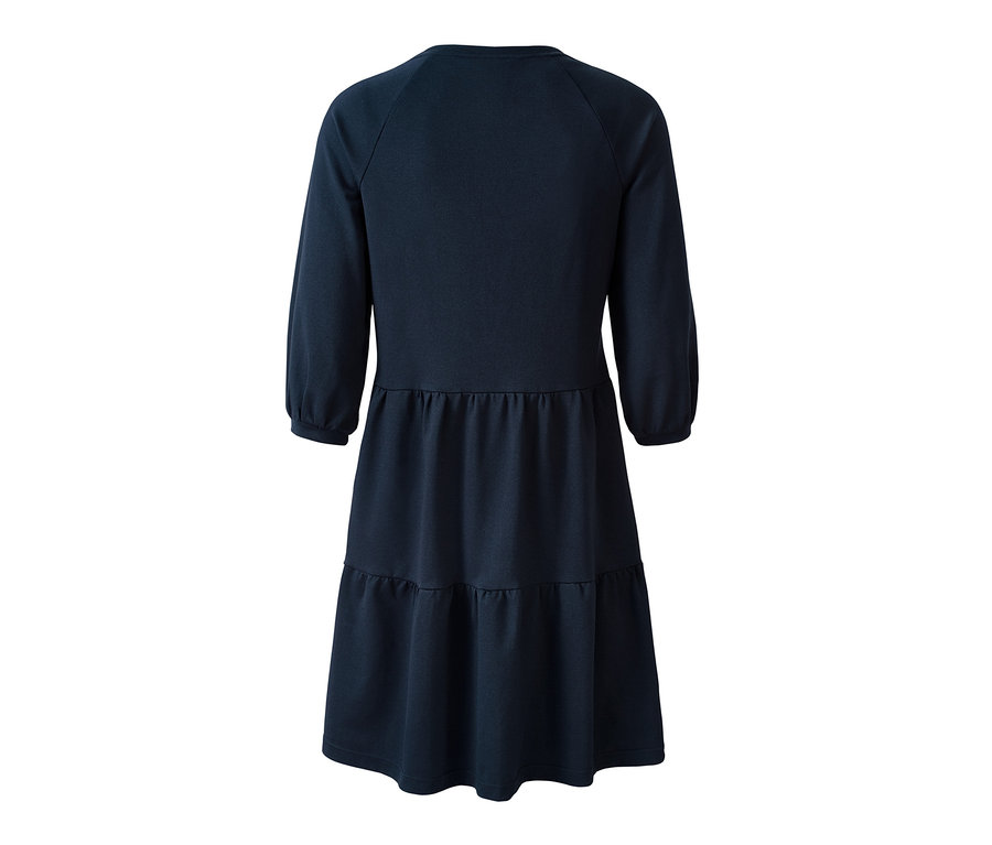 Dunkelblaues Sweatkleid mit langen Ärmeln und Stufenrock.