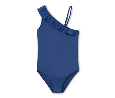 Blauer Badeanzug mit einer Schulter und Rüschen.