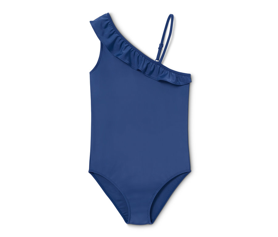 Blauer Badeanzug mit einer Schulter und Rüschen.