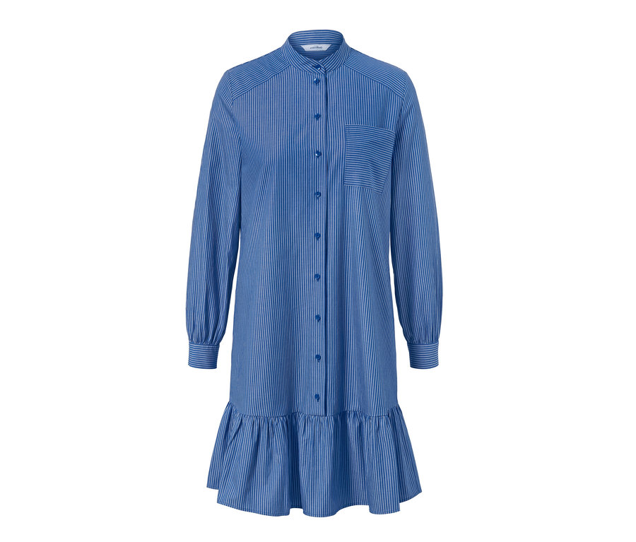 Ein blaues, gestreiftes Blusenkleid mit langen Ärmeln und Knöpfen.