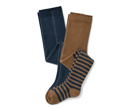 Zwei Paar Thermo-Strumpfhosen, blau und braun mit blauen Streifen.