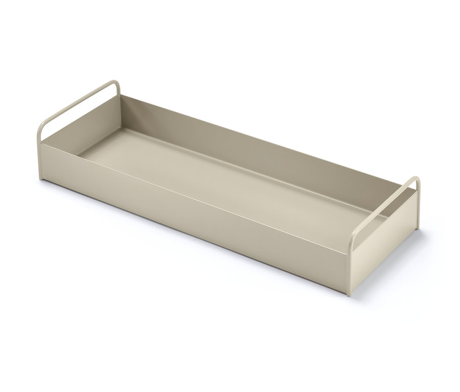 Ein beigefarbenes Küchenablage auf einem weißen Hintergrund.