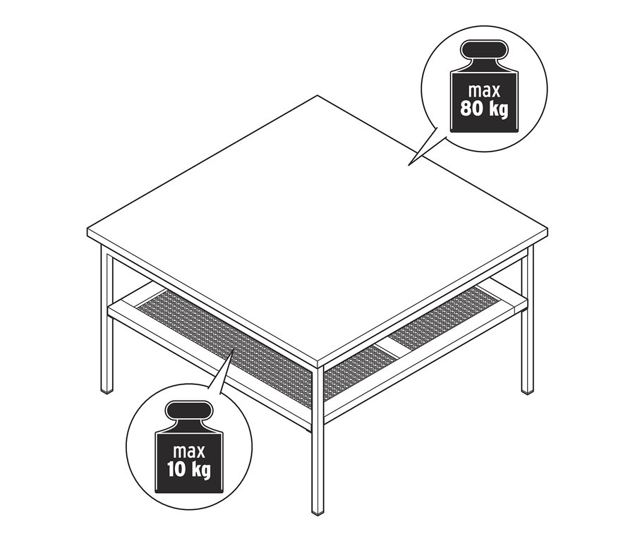 Illustration eines Couchtisches, geflochten, mit einer maximalen Tragfähigkeit von 80 kg auf der Oberseite und 10 kg auf dem unteren Regalboden.