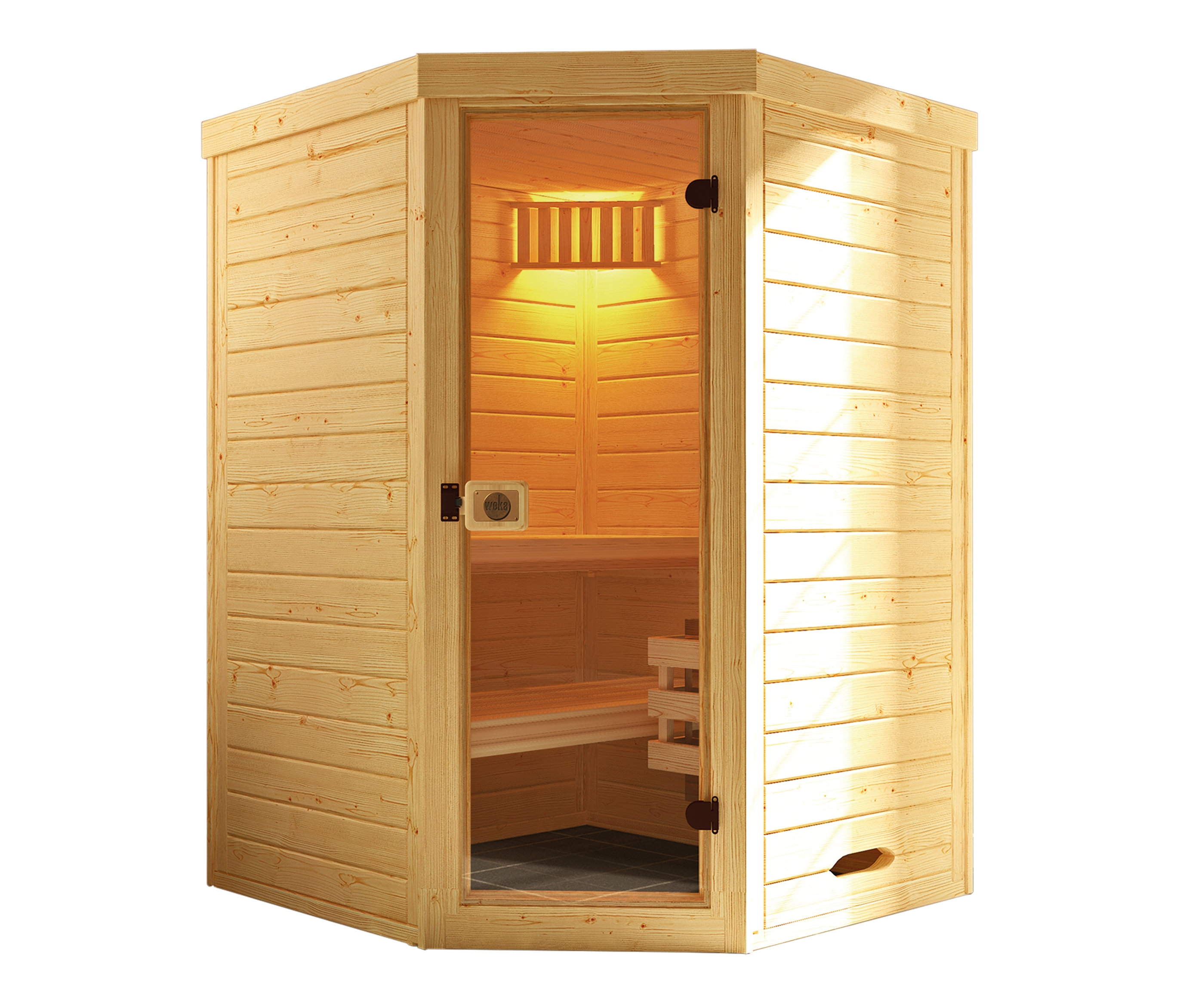 WEKA-Design-Sauna »Lahti« mit 3,6-kW-Ofen mit offener Glastür.