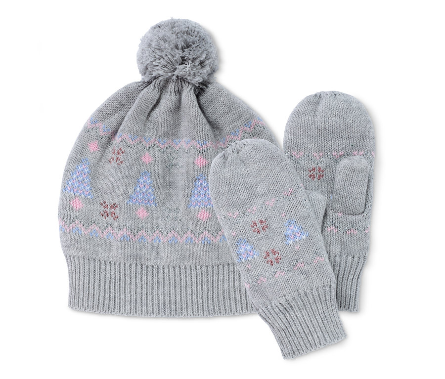Graues Strickmütze-Handschuh-Set mit Weihnachtsmotiv.