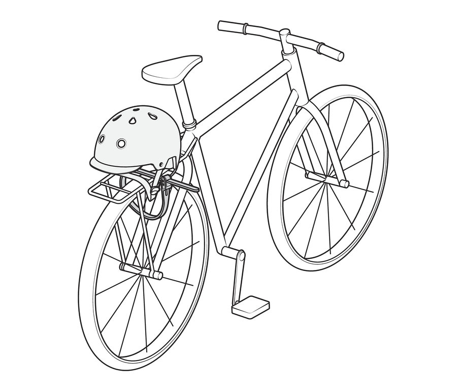 Skizze eines Fahrrads mit einem Kabelbinderschloss und einem Helm auf dem vorderen Gepäckträger.
