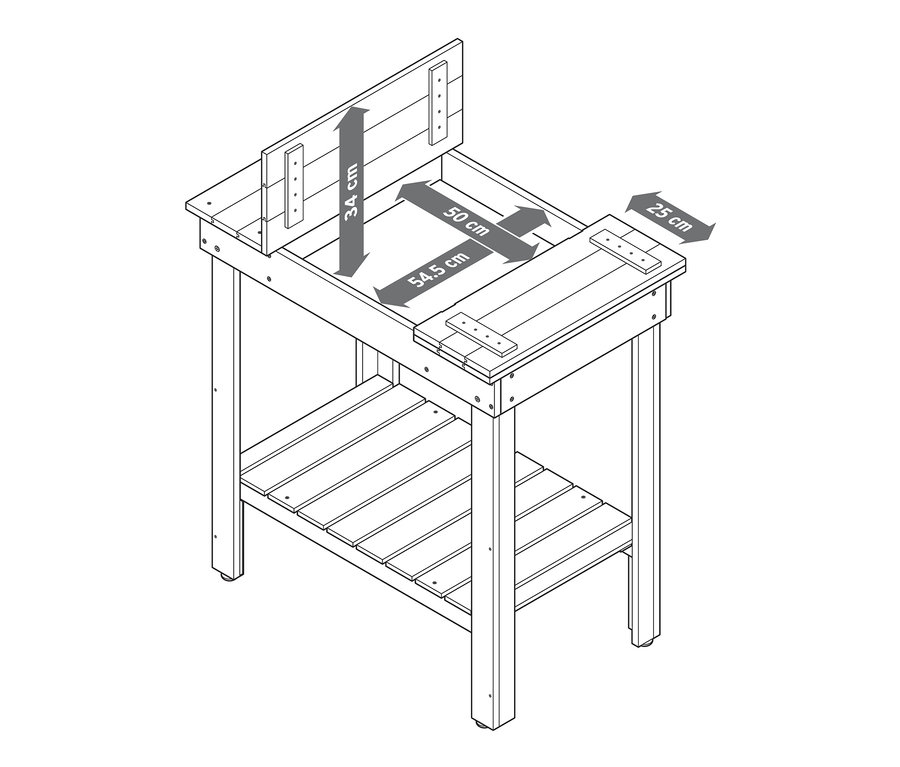 Skizze von einem aufklappbaren Pflanztisch »JONTE« mit Maßangaben.
