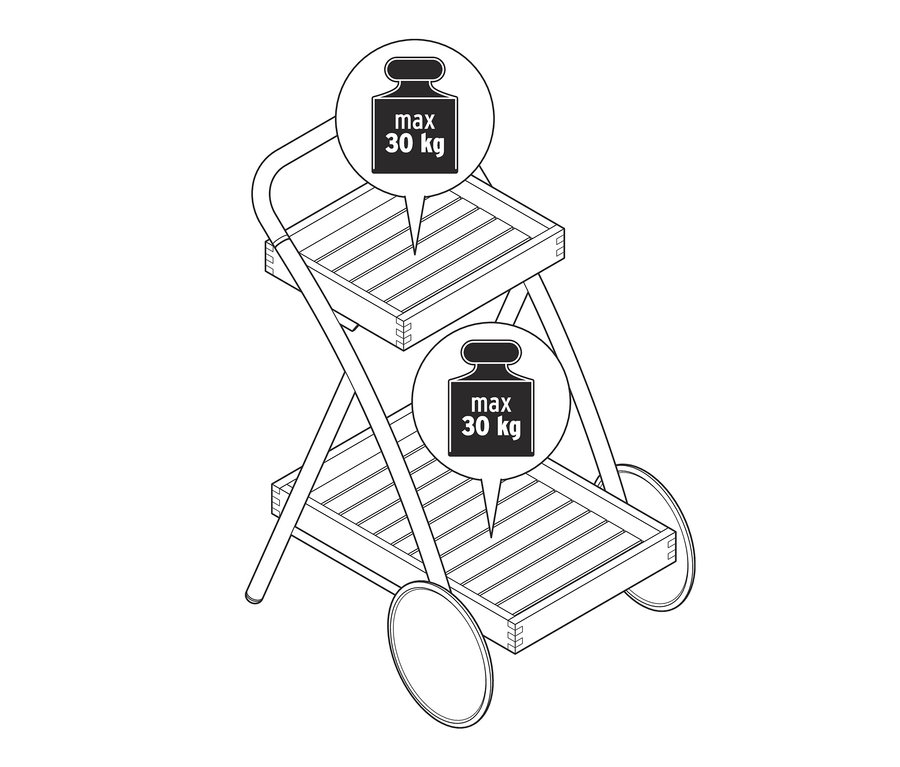 Illustration eines Garten-Beistellwagens und Garten-Barwagens »Elin« mit zwei Ablageflächen und Rädern.