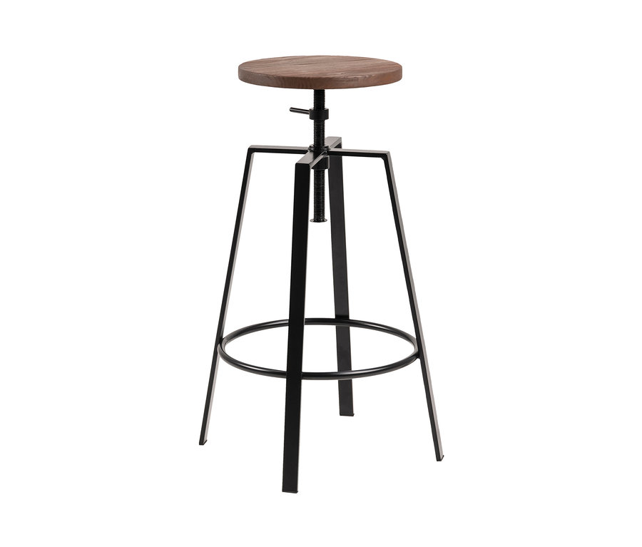 Ein brauner Holzhocker mit einem schwarzen Metallgestell, genannt Barhocker »Goose«.