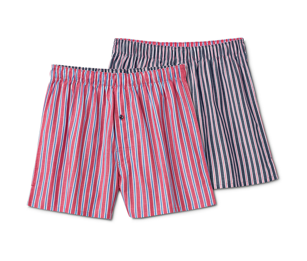 Zwei Web-Boxershorts: eine rot gestreifte und eine dunkelblau gestreifte.
