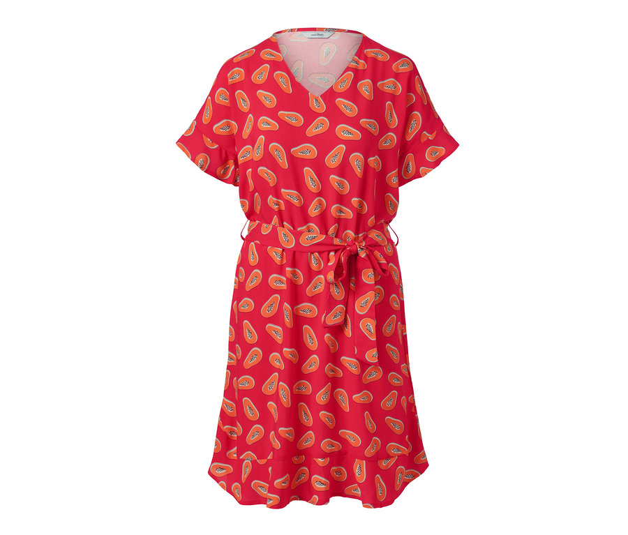 Ein rotes Webkleid mit Bindeband und Papaya-Muster.