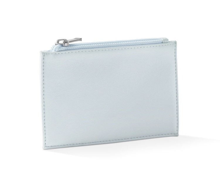 Ein hellblaues Portemonnaie mit Reißverschluss.