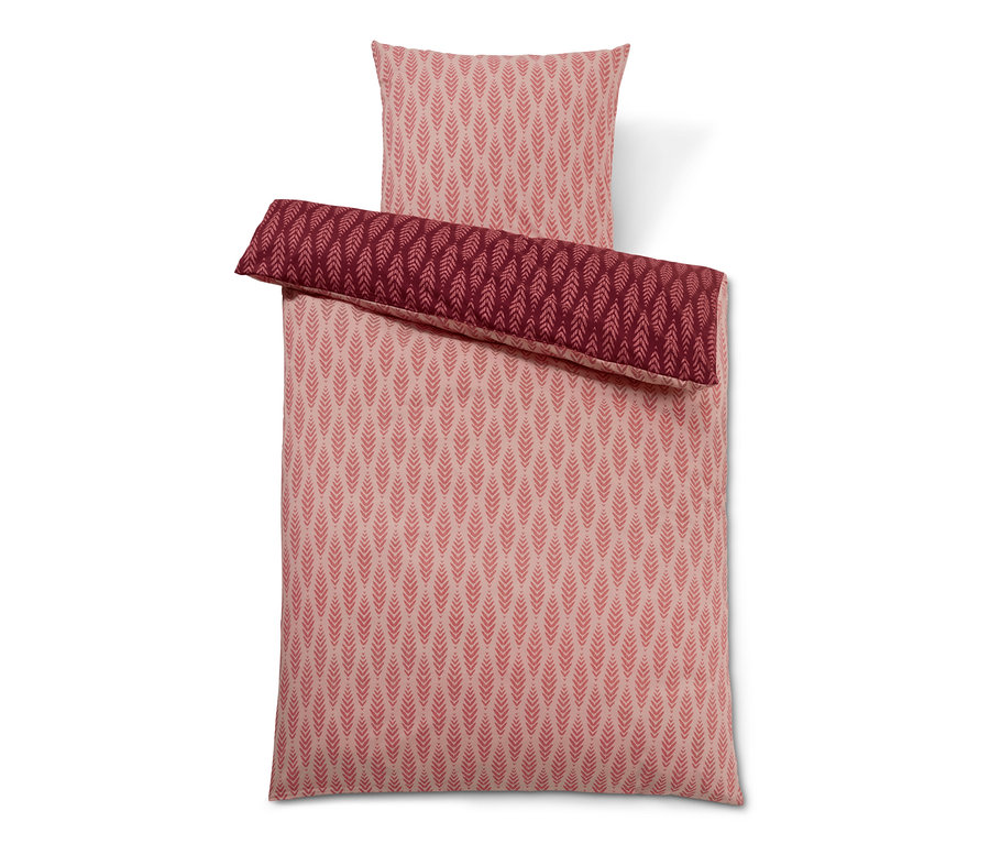Dunkelrote Premium-Baumwoll-Bettwäsche mit Blattmuster, Normalgröße.