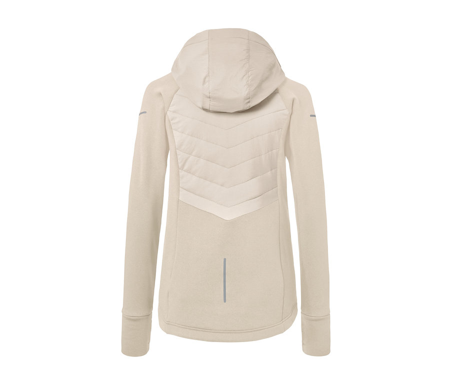 Rückansicht der offwhite Thermojacke mit Kapuze.