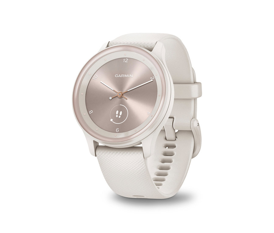 Nahaufnahme der GARMIN Smartwatch »VIVOMOVE® SPORT« in elfenbein-perlgoldfarben. Die Uhr hat ein analoges Zifferblatt und ein Silikonarmband.