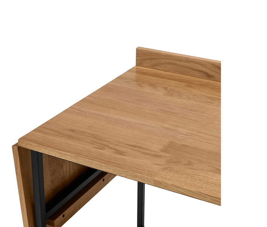 Detailansicht eines erweiterbaren Schreibtischs aus Massivholz.