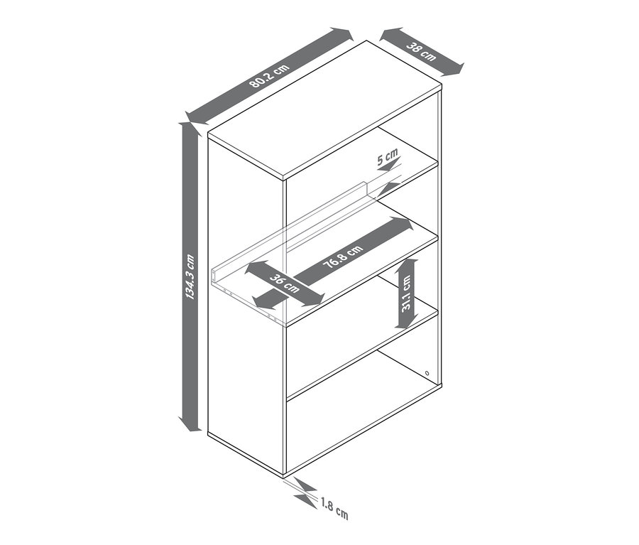 Die Abmessungen des offenen Regals sind 134,3 cm hoch, 80,2 cm breit und 38 cm tief.