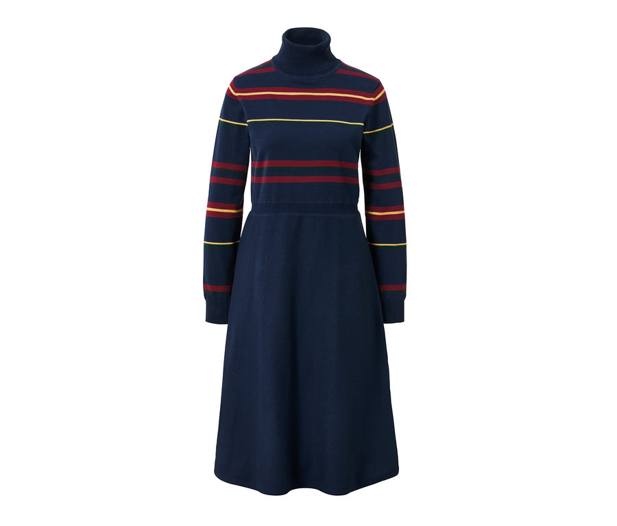Blaues Strickkleid mit Rollkragen und Streifenmuster.
