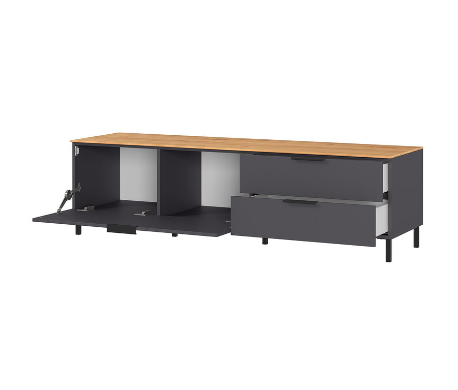 Ein graues Lowboard »CALIFORNIA« mit einer Tür auf der linken Seite und zwei Schubladen auf der rechten Seite, wobei eine Schublade geöffnet ist.