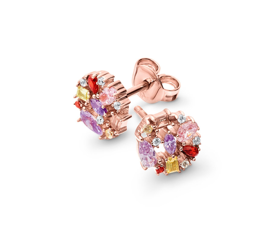 Zwei Ohrstecker, 925 Silber rosévergoldet, mit farbigen Zirkonia.