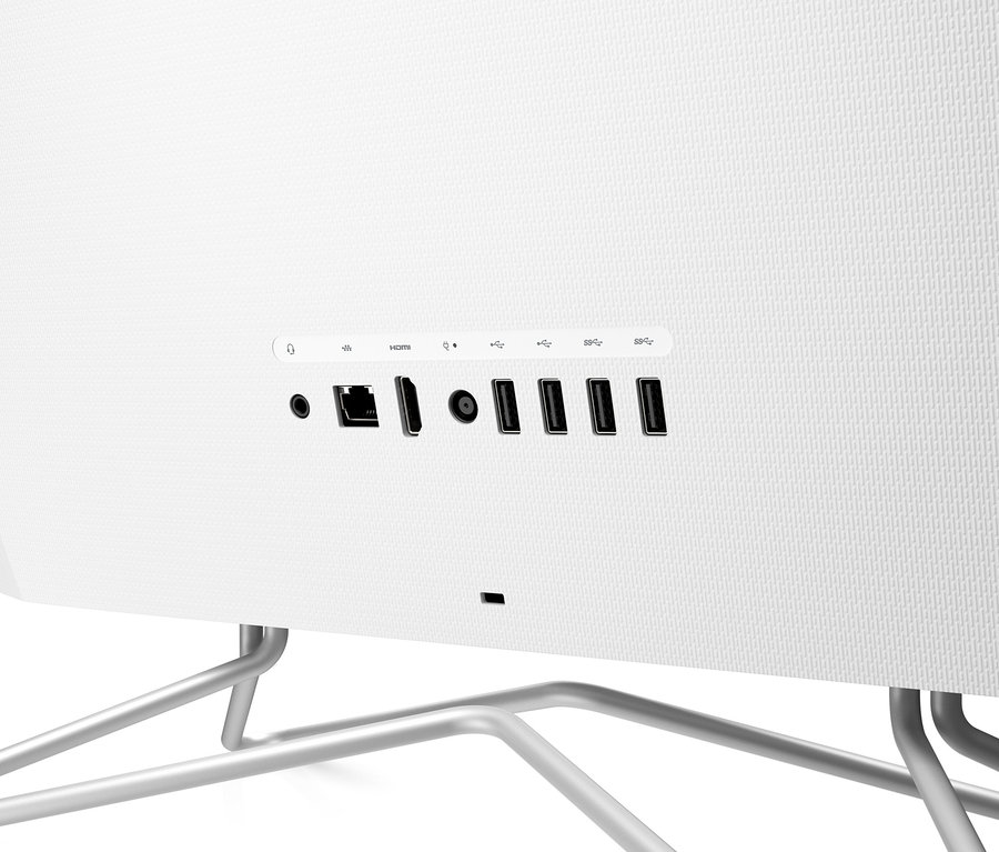 Detail der Rückseite eines weißen HP 23,8" All-in-One 24-df1400ng PC.