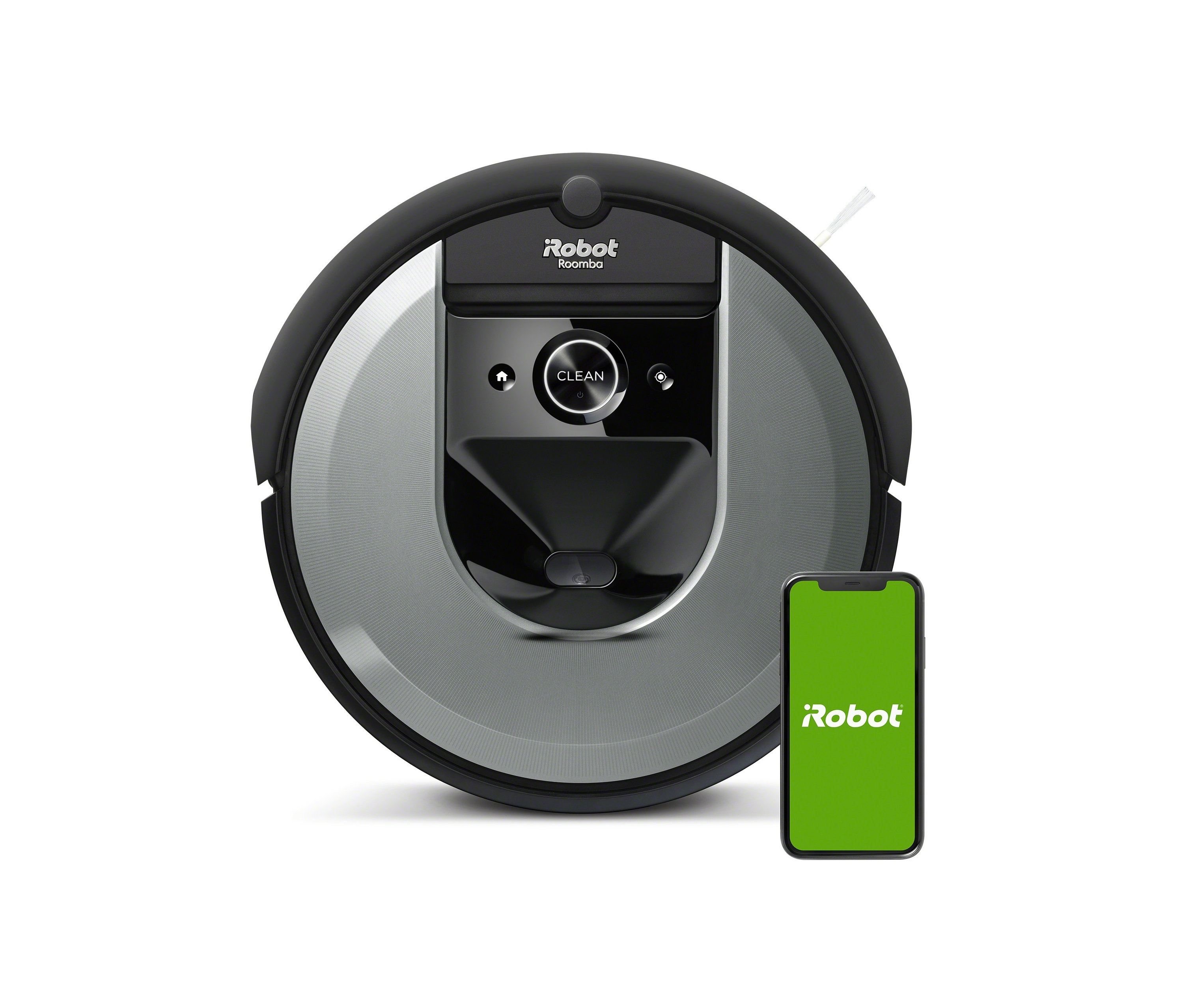iRobot-Saugroboter »Roomba® i7« neben einem Smartphone mit der iRobot-App.