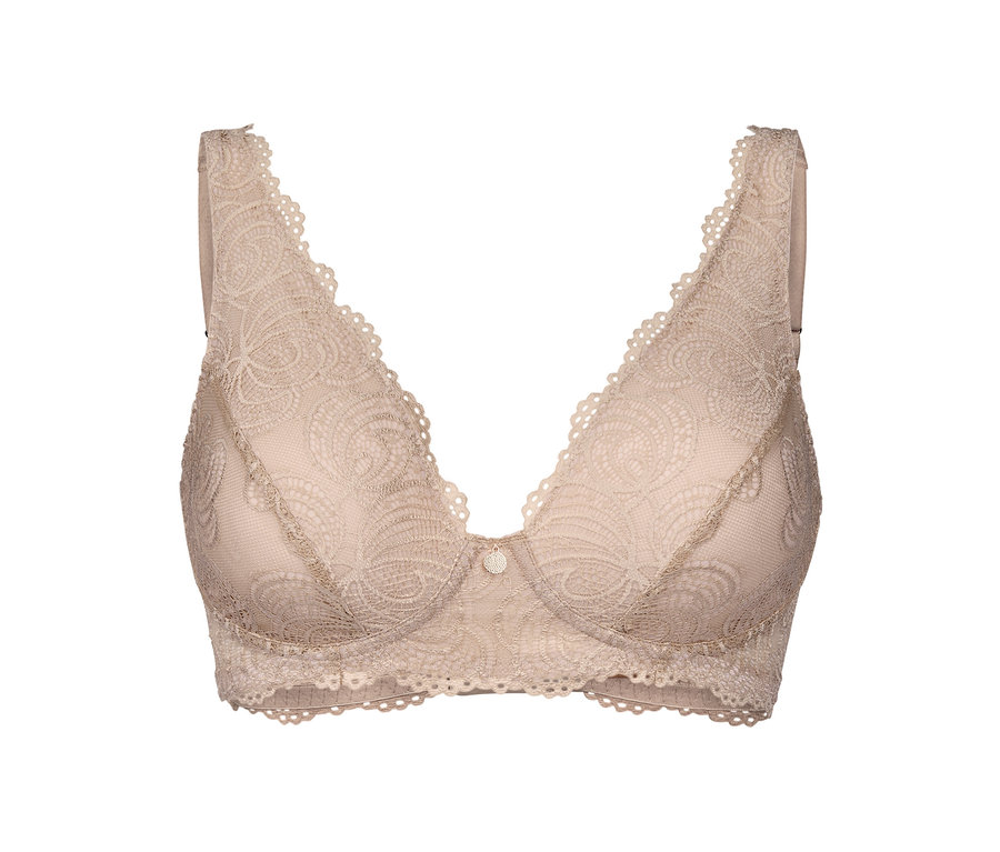 Ein beiger Spitzen-BH auf einem weißen Hintergrund.