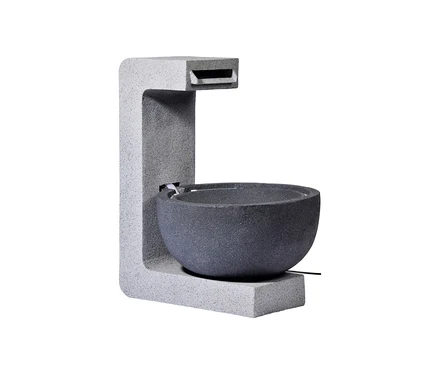 Grauer Dobar Gartenbrunnen mit Schale und quadratischer Basis.