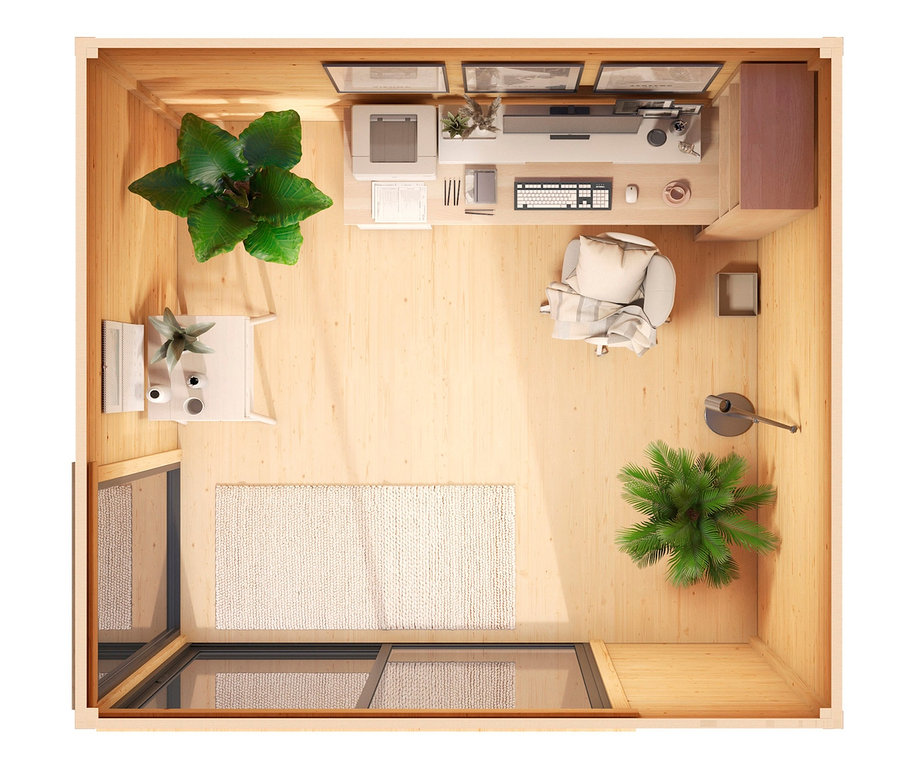 Draufsicht eines Zimmers mit Schreibtisch, Stuhl und Fensterfront des Weka Design-Wochenendhauses mit Fenster-Front, 44mm (412 Gr. 1), grau.