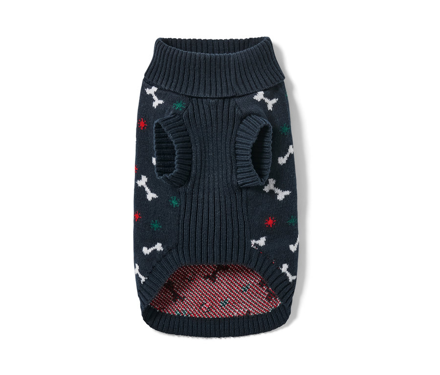 Blauer Hundepullover mit Knochen- und Weihnachtsmotiven.