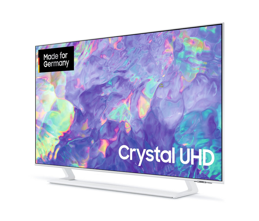 Ein weißer Samsung GU50CU8589UXZG Crystal UHD-4K-LED-TV steht auf einem weißen Sockel.