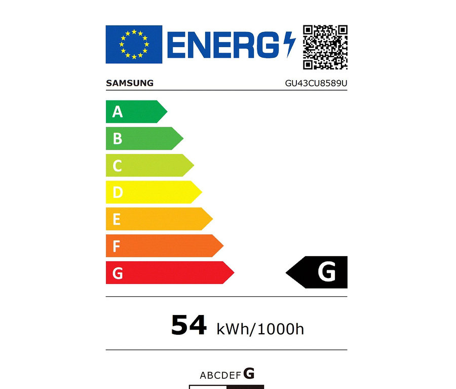 Energielabel des Samsung GU43CU8589UXZG Crystal UHD-4K-LED-TV, weiß, 43" mit Energieeffizienzklasse G.