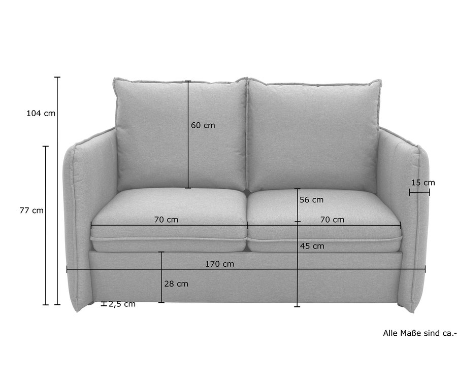 Abmessungen des grauen DOMO collection 2-Sitzer-Sofas »Ronda« mit Hockern.