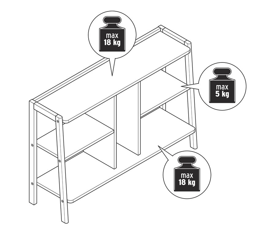 Abbildung eines Sideboards mit drei Regalböden und einer maximalen Tragfähigkeit von 18 kg für den oberen und unteren Regalboden und 5 kg für den mittleren Regalboden.