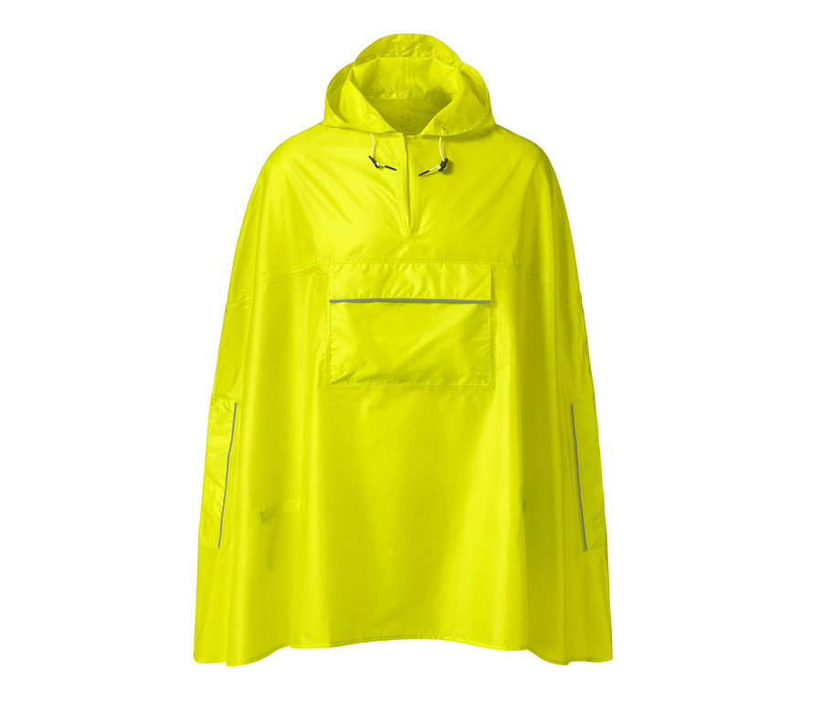 Gelber Regenponcho mit Kapuze und Tasche.