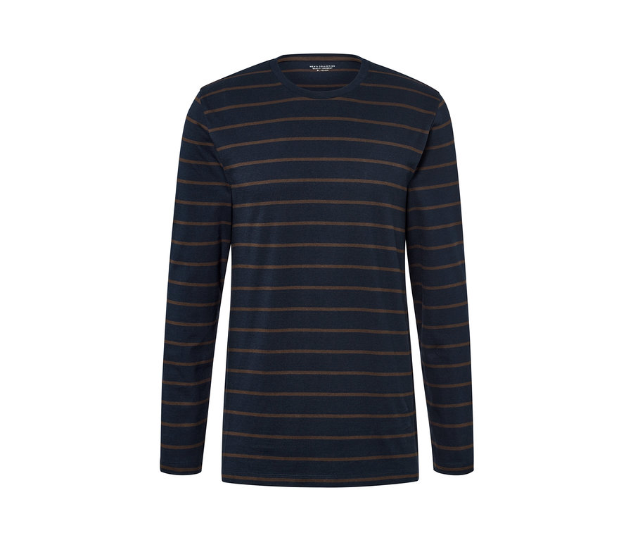 Ein dunkelblaues Langarmshirt mit braunen horizontalen Streifen, aus einem 2er-Set.