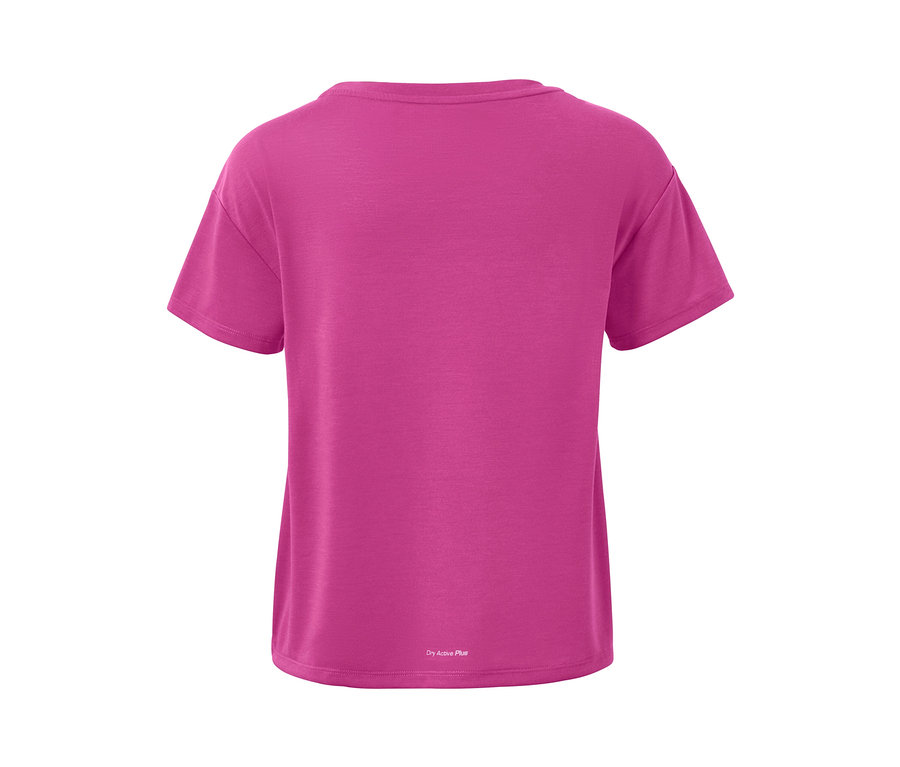 Rückansicht eines pinken 2-in-1-Kurzarm-Sportshirts.