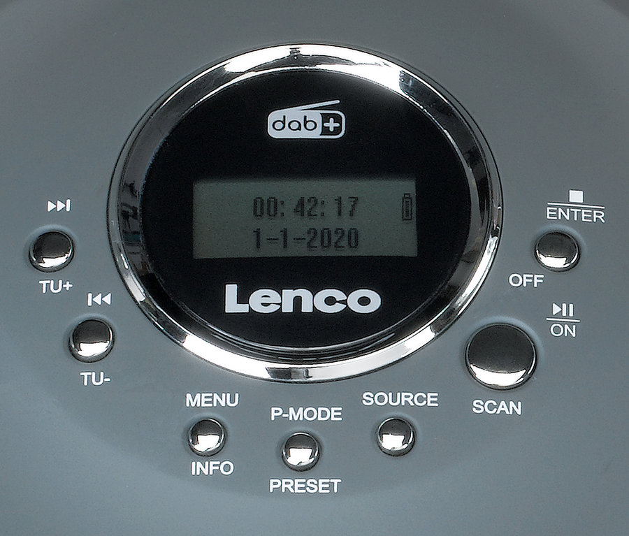 Detailaufnahme eines grauen tragbaren Lenco CD-/MP3-Players mit DAB+/FM-Radio, Modell 400GY, der das Display und die Bedienelemente zeigt.