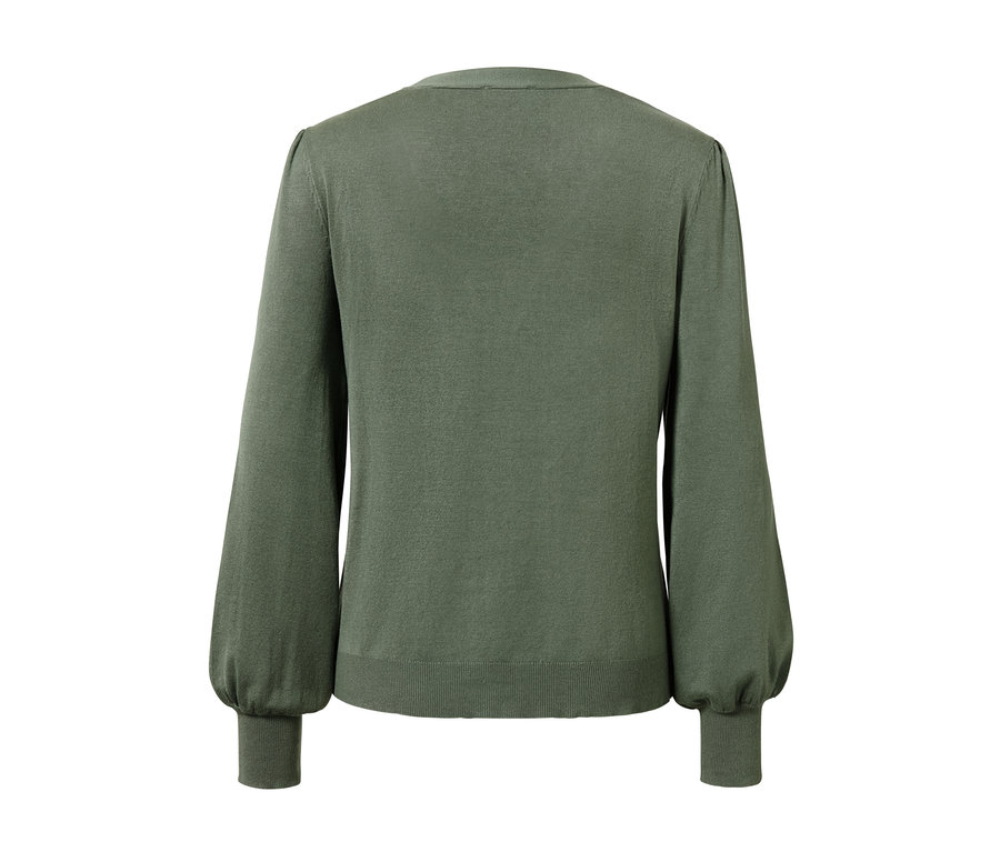 Rückansicht eines grünen Feinstrick-Cardigans.